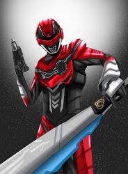 1boy absurdres armor armored_bodysuit black_bodysuit bodysuit character_mask chou_uchuu_keiji_gavan_infinity combat_helmet commentary_request ddop_(gfga7577) dual_wielding full_armor gavan_infinity gun helmet highres holding holding_gun holding_sword holding_weapon looking_at_viewer male_focus mask red_armor red_bodysuit red_helmet science_fiction solo sword tokusatsu upper_body weapon 