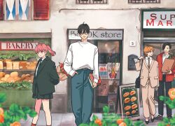  2boys 2girls bag bakery belt black_bag black_belt black_hair black_jacket black_necktie black_pants black_shoes black_skirt blue_pants book bookstore bread brown_bag brown_eyes brown_hair brown_jacket brown_necktie brown_shoes building closed_eyes collared_shirt commentary curtains earrings english_commentary flower food fujishiro_rin glasses gradient_flower grocery_bag hand_in_pocket holding holding_bag holding_book itose_yuki itsuomi_nagi jacket jewelry long_hair looking_at_another looking_at_viewer market morisita_suu multiple_boys multiple_girls nagi_kyouya necktie official_art orange_flower pants paper_bag plant pleated_skirt ponytail red_hair red_jacket red_socks second-party_source shirt shoes shop shopping_bag short_hair sidewalk sign skirt socks storefront supermarket sweater sweater_tucked_in t-shirt watch watch white_shirt white_sweater window yellow_flower yubisaki_to_renren 