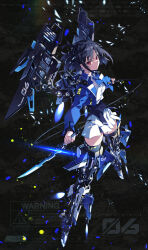  1girl black_hair black_thighhighs blue_jacket character_request closed_mouth collared_shirt commentary_request dress_shirt english_text full_body hayakawa_harui highres jacket long_sleeves looking_at_viewer mecha_musume official_art open_clothes open_jacket puffy_long_sleeves puffy_sleeves red_eyes shirt skirt solo thigh-highs v-shaped_eyebrows valkyrie_impulse watermark white_shirt white_skirt 