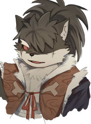 1boy colored_sclera commentary_request cropped_torso fang furry furry_male hair_over_one_eye highres japanese_clothes looking_at_viewer male_focus open_mouth red_sclera scar scar_on_face scar_on_nose shino_(housamo) short_hair simple_background solo tokyo_afterschool_summoners white_background yano_(zri_088) 