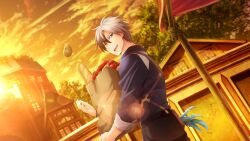  1boy artist_request bag baguette black_hair blue_eyes blue_shirt bread clouds cowboy_shot food game_cg green_eyes grocery_bag highres holding holding_bag house looking_at_viewer ludger_will_kresnik multicolored_hair official_art open_mouth orange_sky potato shirt shopping_bag short_hair sky smile solo suspenders tales_of_(series) tales_of_crestoria tales_of_xillia tales_of_xillia_2 third-party_source tomato town tree two-tone_hair white_hair 