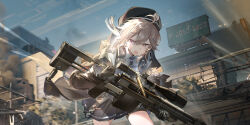  1girl absurdres beret black_gloves bolt_action brown_hair bullet cheyanne_(girls'_frontline_2) cheytac_m200 dalanxia game_cg girls'_frontline_2:_exilium girls_frontline gloves gun hat highres holding holding_gun holding_weapon jacket m200_(girls'_frontline) official_art outdoors pleated_skirt rifle road scope skirt sniper_rifle solo street sweat torn_clothes violet_eyes weapon 