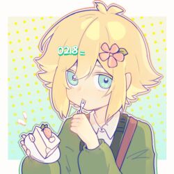  1boy androgynous antenna_hair aqua_background aqua_eyes bag basil_(birthday)_(omori) basil_(faraway)_(omori) basil_(omori) blonde_hair border brown_bag cake cake_slice cardigan chinese_commentary closed_mouth collared_shirt colored_eyelashes commentary_request dated double-parted_bangs eating eyes_visible_through_hair flipped_hair flower food food_on_face fork from_above fruit green_cardigan hair_between_eyes hair_flower hair_ornament hands_up holding holding_fork holding_plate leaf lelani34868 light_frown long_sleeves looking_at_viewer male_focus no_headwear omori open_cardigan open_clothes orange_outline outline outside_border pink_flower plate polka_dot polka_dot_background puffy_long_sleeves puffy_sleeves shirt short_hair shoulder_bag sidelocks simple_background solo strawberry strawberry_cake tareme upper_body whipped_cream white_border white_outline white_shirt 