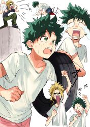  2boys absurdres arm_up black_shirt blank_eyes blonde_hair boku_no_hero_academia commentary_request crying exhausted freckles green_hair green_pants height_difference highres holding_tire looking_at_another male_focus midoriya_izuku multiple_boys multiple_views nishiki_2121 pants shirt short_hair shouting simple_background tears training vomiting white_background white_shirt yagi_toshinori 