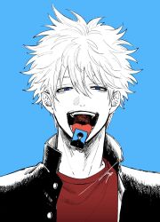  2boys alternate_costume black_jacket blue_background blue_eyes card gakuran gintama greyscale_with_colored_background hair_between_eyes highres jacket looking_at_viewer male_focus multiple_boys not06 open_mouth red_shirt sakata_gintoki school_uniform shirt short_hair simple_background smile solo spot_color teeth tongue tongue_out upper_body white_hair 