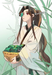  1boy absurdres bamboo bamboo_forest basket bug butterfly butterfly_on_nose chinese_clothes commentary cowboy_shot curtained_hair forest gradient_background green_background green_butterfly hanfu highres holding holding_basket long_hair long_sleeves looking_at_animal looking_up luo_binghe male_focus nature parted_bangs parted_lips ponytail red_eyes renzha_fanpai_zijiu_xitong sidelocks solo tofu0401941 twitter_username untranslatable_commentary very_long_hair wavy_hair white_background white_hanfu wide-eyed wide_sleeves 