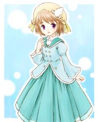  1girl aqua_sailor_collar aqua_skirt asiaaqua bad_id beret blue_background blue_shirt border brown_hair feet_out_of_frame fushigiboshi_no_futago_hime fushigiboshi_no_futago_hime_gyu hand_up hat juliet_sleeves long_sleeves looking_at_viewer miruro_(futagohime) open_mouth outside_border pleated_skirt puffy_sleeves sailor_collar shirt short_hair skirt smile solo standing violet_eyes white_border wide_sleeves yellow_hat 