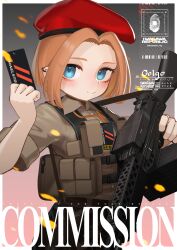  1girl absurdres beret blue_eyes blush brown_hair brown_pants brown_shirt closed_mouth collared_shirt commentary commission dress_shirt ear_piercing english_commentary forehead gun hat highres holding holding_gun holding_weapon iwasawayuki original pants parted_bangs piercing red_hat shirt short_hair short_sleeves smile solo stoner_63 watermark weapon 