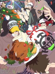  1girl 6+boys ^_^ arm_tattoo beard bepo_(one_piece) brown_hair christmas_tree clione_(one_piece) closed_eyes commentary confetti disco_ball earrings facial_hair facial_tattoo goatee hakugan_(one_piece) hat heart_pirates_jolly_roger highres holding holding_plate ikkaku_(one_piece) jean_bart_(one_piece) jewelry jumpsuit multiple_boys one_piece penguin_(one_piece) plate red_hair shachi_(one_piece) sideburns smile stitched_face stitches sunglasses sweatdrop tattoo tomato trafalgar_law twitter_username u_ta_p uni_(one_piece) white_jumpsuit 
