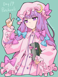  1girl aomurasaki_r blue_background blue_bow book bow character_name closed_mouth commentary crescent crescent_hat_ornament dress dress_bow frilled_shirt_collar frills hair_bow hat hat_ornament highres holding holding_book index_finger_raised long_hair long_sleeves mob_cap multiple_hair_bows patchouli_knowledge pink_robe purple_bow purple_dress purple_hair purple_hat robe smile solo striped_clothes striped_dress touhou twitter_username vertical-striped_clothes vertical-striped_dress 