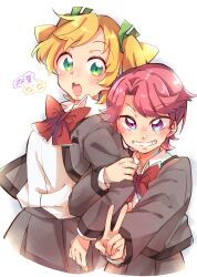  2girls :o arm_at_side bbr_brbr blonde_hair bow bowtie breast_pocket character_name collared_shirt commentary_request cropped_legs curtained_hair daiba_nana green_eyes green_ribbon grey_jacket grey_skirt grin hair_ribbon hand_on_another's_arm hand_up highres isurugi_futaba jacket locked_arms long_sleeves looking_at_another looking_at_viewer looking_to_the_side multiple_girls open_clothes open_jacket open_mouth outstretched_arm parted_bangs pink_hair pleated_skirt pocket red_bow red_bowtie ribbon school_uniform seishou_music_academy_uniform shirt shirt_tucked_in short_hair shoujo_kageki_revue_starlight skirt smile teeth two_side_up upper_teeth_only v violet_eyes white_background white_shirt 