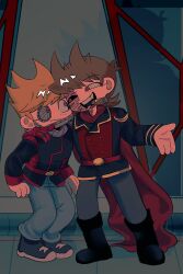  2boys animification antenna_hair arm_around_shoulder artificial_eye belt black_boots black_coat black_sclera black_shoes blue_pants boots brown_hair burn_scar cape cigar coat colored_sclera commentary cyborg eddsworld eye_contact fewer_digits flipped_hair future_matt_(eddsworld) grey_pants hair_ears hashtag-only_commentary highres indoors long_sleeves looking_at_another male_focus matt_(eddsworld) mechanical_arms mechanical_eye military_coat military_uniform mismatched_sclera mouth_hold multiple_boys open_mouth orange_hair pants prosthesis prosthetic_arm red_belt red_cape red_eyes red_leader_(eddsworld) scar scared shoes short_hair single_mechanical_arm smile sneakers spiky_hair the_beginning_and_the_friend tord_(eddsworld) violet_eyes whalebone_(muffinsuki) 