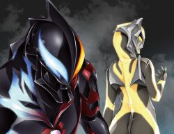  1boy 1girl alien black_skin blue_eyes blue_skin camearra color_timer colored_skin commentary_request darkness_heels dorsal_fin glowing glowing_eyes gold_skin grey_suit multicolored_skin official_art orange_eyes red_skin silver_skin suit tokusatsu tsunashima_shirou ultra_series ultraman_belial ultraman_geed_(series) ultraman_tiga:_the_final_odyssey ultraman_tiga_(series) yellow_eyes 