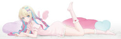  1girl blue_eyes blush chouzetsusaikawa_tenshi-chan closed_mouth commentary_request hair_ribbon heart heart-shaped_pillow highres long_hair lying multicolored_hair needy_girl_overdose ohisashiburi on_stomach pillow ribbon socks solo wings 