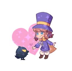  1girl a_hat_in_time beak bird black_bird blue_eyes blush boots brown_boots brown_hair cape child closed_mouth commentary crow dot_nose hat hat_kid hat_ribbon heart highres jacket long_sleeves looking_at_another medium_hair open_hands outline pants ponytail purple_hat purple_jacket ribbon sidelocks smile sparkle standing talons top_hat white_background white_outline white_pants xxfaylinnxx yellow_cape yellow_eyes yellow_ribbon zipper zipper_pull_tab 