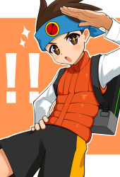  ! !! 1boy backpack bag black_shorts blue_headband border brown_eyes brown_hair commentary_request cowboy_shot headband highres lan_hikari_(mega_man) male_focus mega_man_(series) mega_man_battle_network_(series) nanami31124 orange_background orange_vest shirt shorts simple_background solo sparkling_eyes vest white_border white_shirt 