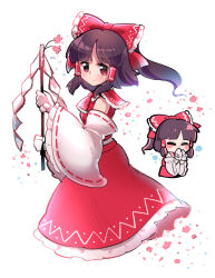  1girl ascot bow brown_eyes brown_hair closed_eyes clover_(clover11_40) commentary detached_sleeves frilled_bow frilled_hair_tubes frills gohei hair_bow hair_tubes hakurei_reimu highres holding holding_gohei long_hair looking_at_viewer multiple_views red_bow red_skirt ribbon-trimmed_sleeves ribbon_trim skirt skirt_set touhou 