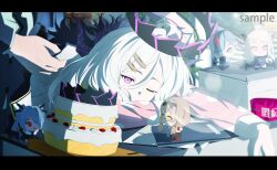  1boy 1girl absurdres ako_(blue_archive) armband birthday_cake blue_eyes blue_hair cake chinatsu_(blue_archive) demon_girl demon_horns dusk_ming food grey_hair happy_birthday highres hina_(blue_archive) hina_(pajamas)_(blue_archive) horns indoors iori_(blue_archive) pajamas pink_pajamas polka_dot polka_dot_pajamas red_armband red_eyes sensei_(blue_archive) stuffed_toy twintails violet_eyes 