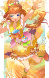  1girl absurdres blue_eyes border choker colored_eyelashes commentary_request cure_papaya earrings eyelash_ornament fingerless_gloves gloves green_background highres ichinose_minori jewelry long_hair looking_at_viewer magical_girl mismatched_eyelashes multicolored_hair_bobbles n-bata orange_shoes orange_theme papaya pouch precure sailor_collar scrunchie shoes short_sleeves smile solo thick_eyelashes tropical-rouge!_precure white_border white_sailor_collar yellow_choker yellow_gloves yellow_sailor_collar 