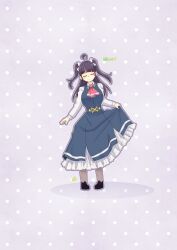  1girl absurdres ahoge black_shoes blue_dress blunt_bangs breasts chofu_noriko collared_shirt commentary_request dress frilled_dress frills full_body grey_background highres ikizulive!_love_live!_bluebird large_breasts loafers long_hair long_sleeves love_high_school_uniform love_live! pinafore_dress polka_dot polka_dot_background purple_hair school_uniform shirt shoes sidelocks skirt_hold sleeveless sleeveless_dress solo two_side_up white_shirt yuusei_honpo 