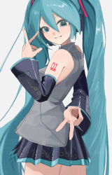  1girl arm_tattoo black_skirt black_sleeves blue_eyes blue_hair commentary_request detached_sleeves earphones grey_shirt grin hatsune_miku koko_niiru long_hair microphone number_tattoo pleated_skirt shirt simple_background skirt sleeveless sleeveless_shirt smile solo tattoo teeth twintails v very_long_hair vocaloid white_background 