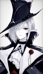  1girl arknights ascot black_hat commentary_request expressionless gladiia_(arknights) grey_background hair_over_one_eye hat high_collar highres jagan_(maximum_jagan) lapel_pin looking_at_viewer pale_skin parted_lips pointy_ears red_eyes simple_background solo upper_body white_ascot 