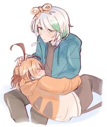  2girls ahoge blue_hoodie brown_hair brown_pants brown_shirt brown_streaks cecilia_immergreen commentary gigi_murin green_eyes green_streaks hand_in_another's_hair hand_on_another's_head highres hololive hololive_english hood hoodie lying_on_lap multiple_girls orange_hoodie pants shirt simple_background sticker_sr untranslatable_commentary virtual_youtuber white_background white_hair winding_key yuri 