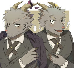  ... 1boy black_eyes black_ribbon claws closed_mouth coat coat_on_shoulders commentary_request forked_eyebrows furry furry_male goat_boy grey_jacket highres horns jacket long_sleeves looking_at_viewer male_focus mephistopheles_(housamo) multiple_views open_mouth ribbon sparkle spoken_ellipsis tokyo_afterschool_summoners upper_body yano_(zri_088) 