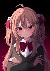  1girl ahoge black_cardigan bow bowtie broken_heart broken_heart_hair_ornament brown_hair cardigan closed_mouth commentary crossed_arms dress_shirt evil_neuro-sama fang hair_between_eyes heart kate27sun_sunetak long_hair long_sleeves looking_at_viewer red_bow red_bowtie red_eyes red_hair shirt skin_fang solo two_side_up upper_body v-neck vedal_ai virtual_youtuber white_hair 