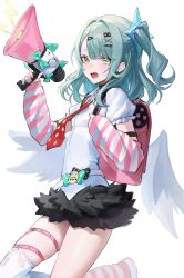  1girl absurdres aco_(aco_7313) arm_warmers bandaid bandaid_hair_ornament black_choker black_skirt choker collared_shirt earrings fur-trimmed_skirt fur_trim green_eyes green_hair hair_ornament highres holding holding_megaphone jewelry leg_warmers megaphone multiple_hair_clips multiple_thigh_straps musical_note_earrings necktie open_mouth pink_arm_warmers pink_bag pink_leg_warmers red_necktie shirt skirt solo striped_arm_warmers striped_leg_warmers sunna_(zenless_zone_zero) thigh_strap white_background white_shirt white_wings winged_bag wings zenless_zone_zero 