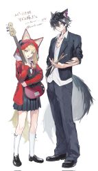  1boy 1girl alternate_costume animal_ears arichi_(ariarikiwami) arknights arknights:_endfield bass_guitar black_hair black_jacket black_pants black_shoes black_skirt blonde_hair bow bowtie brother_and_sister brown_eyes closed_mouth commentary corrupted_file corrupted_twitter_file diagonal-striped_bow diagonal-striped_bowtie diagonal-striped_clothes drumsticks duplicate ears_through_headwear extra_ears fender_jazz_bass full_body highres holding holding_bass_guitar holding_drumsticks holding_instrument hood hood_up hooded_jacket instrument jacket long_hair looking_at_viewer miniskirt notched_ear open_clothes open_jacket open_mouth pants pleated_skirt red_bow red_bowtie red_jacket rossi_(arknights) shirt shoes short_hair siblings simple_background skirt socks standing striped_bow striped_bowtie striped_clothes tail teeth translation_request upper_teeth_only very_short_hair watermark watermark_grid white_background white_shirt white_socks wolf_boy wolf_ears wolf_girl wolf_tail wulfgard_(arknights) yellow_eyes 