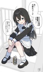  1girl absurdres akagi_natsuichi apron ashes black_dress black_shoes blue_eyes blush can canned_coffee cigarette commentary_request dress drink_can frilled_apron frills full_body highres holding holding_cigarette knees_together_feet_apart long_hair long_sleeves loose_hair_strand maid maid_apron mary_janes original shoes simple_background sitting sitting_on_stairs socks solo speech_bubble stairs sweatdrop thought_bubble translation_request white_apron white_background white_socks 