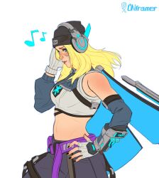  1girl baggy_pants bare_shoulders beanie belt black_eyeshadow black_hat black_nails blonde_hair breasts commentary crop_top detached_sleeves english_commentary eyeshadow face_piercing fingerless_gloves freckles freja_(overwatch) gloves grey_gloves hand_on_own_hip hat highres instagram_username long_hair makeup mechanical_wings medium_breasts midriff musical_note neon_trim nose_piercing official_alternate_costume official_alternate_hair_color onframer overwatch pants piercing purple_belt solo streetwear streetwear_freja twitter_username wings wireless_headphones wrist_cannon 