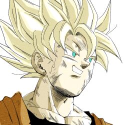  1boy 1rasutotoukou absurdres blonde_hair close-up commentary_request dragon_ball dragon_ball_z green_eyes highres male_focus medium_hair muscular muscular_male simple_background solo son_goku spiky_hair super_saiyan super_saiyan_1 white_background 