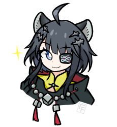  1girl :3 ahoge animal_ears arknights arknights:_endfield black_capelet black_hair black_outline blue_eyes bright_pupils capelet closed_mouth commentary cropped_shoulders eyepatch hair_ornament highres looking_at_viewer mumei518 one_eye_covered outline short_hair smile solo sparkle tangtang_(arknights) white_pupils 
