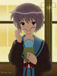  1girl absurdres artist_name blue_sailor_collar blue_skirt brown_cardigan brown_eyes cardigan commentary_request glasses highres holding holding_removed_eyewear indoors kanzaki_nyo kita_high_school_uniform long_sleeves nagato_yuki open_cardigan open_clothes partial_commentary purple_hair red_ribbon removing_eyewear ribbon sailor_collar school_uniform serafuku short_hair skirt solo suzumiya_haruhi_no_yuuutsu twitter_username unworn_eyewear watermark window winter_uniform 