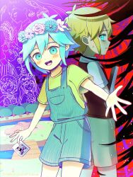  2boys alternate_color antenna_hair aubrey_(headspace)_(omori) aubrey_(omori) basil_(headspace)_(omori) basil_(omori) black_sweater_vest blonde_hair blue_eyes blue_overalls blush book brown_shorts commentary double-parted_bangs dual_persona english_commentary flower flower_wreath green_eyes green_hair hair_between_eyes head_wreath hero_(headspace)_(omori) hero_(omori) highres holding holding_book holding_photo kel_(headspace)_(omori) kel_(omori) looking_at_viewer male_focus mari_(headspace)_(omori) mari_(omori) multiple_boys nene_man omori omori_(omori) open_mouth overall_shorts overalls photo_(object) shirt short_sleeves shorts sidelocks smile something_(omori) sweater_vest t-shirt teeth tongue upper_teeth_only white_shirt 