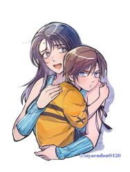  1boy 1girl aged_down arm_ribbon artist_name bare_shoulders black_hair black_ribbon blue_cardigan blue_eyes blue_sleeves blush breasts brown_hair cardigan child commentary_request cropped_torso detached_sleeves final_fantasy final_fantasy_viii furrowed_brow grey_eyes hair_between_eyes hand_on_another's_back hug jewelry long_hair medium_breasts multicolored_hair necklace nervous_smile nervous_sweating open_mouth ribbed_sleeves ribbon rinoa_heartilly sayaendou0426 shirt short_hair smile squall_leonhart streaked_hair sweat white_background yellow_shirt 