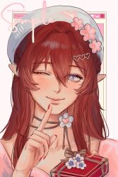  1girl ;) beret blue_eyes box commentary cross-shaped_pupils english_commentary gift gift_box hat highres honkai:_star_rail honkai_(series) long_hair looking_at_viewer nokkusuart one_eye_closed pointy_ears red_hair red_nails sample_watermark smile solo symbol-shaped_pupils tribios_(honkai:_star_rail) twitter_username upper_body very_long_hair watermark 