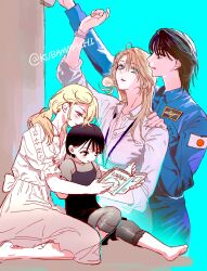  2girls age_difference age_progression black_hair blonde_hair blue_eyes blue_jumpsuit book bracelet collared_shirt dress hand_on_another's_shoulder highres holding holding_book japanese_flag jewelry jumpsuit kubammachi long_hair medium_hair multiple_girls original shirt smile twitter_username watch watch white_dress white_shirt yuri 