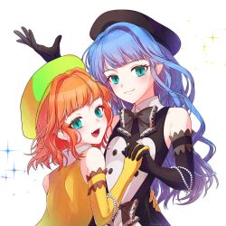  2others bead_bracelet beads black_bow black_dress black_gloves blue_eyes bow bracelet commentary_request dress elbow_gloves fang furfur gloves hand_up highres holding_hands interlocked_fingers jewelry looking_at_viewer multiple_others orange_hair shichijou_(nanashi_r0) skin_fang sleeveless sleeveless_dress smile sparkle trap umineko_no_naku_koro_ni yellow_dress yellow_gloves zepar 