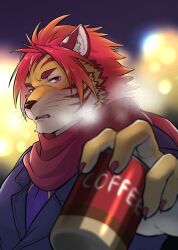  1boy animal_ears blush can canned_coffee claws commentary_request drink_can fangs furry furry_male highres holding holding_can ioenami jacket leather leather_jacket looking_at_viewer male_focus nomad_(housamo) open_mouth red_eyes red_scarf scarf tiger_boy tiger_ears tiger_stripes tokyo_afterschool_summoners upper_body whiskers 