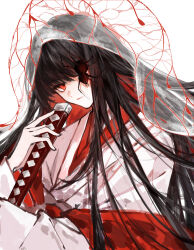  1girl absurdres black_hair bridal_veil bug chinese_commentary closed_mouth colored_inner_hair commentary_request e.g.o_(project_moon) great_trichiliocosm_(e.g.o) highres holding holding_sword holding_weapon hood japanese_clothes katana kimono limbus_company long_hair long_sleeves looking_at_viewer multicolored_hair one_eye_covered project_moon red_eyes red_hair red_sash ryoshu_(project_moon) sash see-through_clothes shiromuku simple_background solo spider sword two-tone_hair uchikake veil veins wataboushi weapon white_background white_kimono wide_sleeves yuemiao 