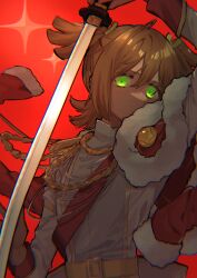  1girl absurdres ageharuuu aiguillette arm_up badge belt belt_buckle blonde_hair buckle commentary_request covered_mouth daiba_nana epaulettes fur-trimmed_jacket fur_trim glowing glowing_eyes green_eyes green_ribbon grey_jacket hair_between_eyes hair_ribbon hand_on_blade highres holding holding_sword holding_weapon jacket jacket_on_shoulders katana long_sleeves looking_at_viewer red_background red_jacket red_sash red_theme ribbon sash short_hair shoujo_kageki_revue_starlight shoulder_sash sparkle_background star_(symbol) sword two_side_up upper_body weapon yellow_belt yellow_trim 