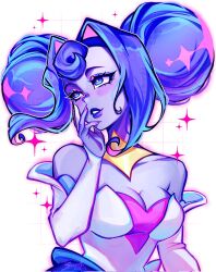  1girl bare_shoulders blue_eyes blue_hair breasts colored_skin commentary double_bun dress grey_skin hair_bun hair_intakes highres knights_of_guinevere long_hair looking_at_viewer makeup multiple_girls princess princess_guinevere smile solo susssuik untranslatable_commentary white_dress 