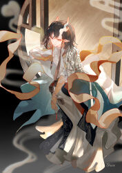  1girl absurdres arknights black_hair bracelet calligraphy_brush chinese_clothes chinese_commentary closed_mouth collared_shirt colored_skin commentary_request dragon_girl dragon_horns earrings expressionless from_above highres holding holding_calligraphy_brush holding_paintbrush horns jacket jacket_on_shoulders jewelry jie_(arknights) looking_ahead multicolored_hair orange_hair paintbrush shirix shirt short_hair signature sleeves_rolled_up solo white_shirt 