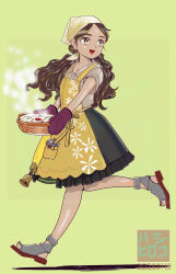  1girl absurdres apron bandana black_skirt blonde_streaks bowl brown_shirt commentary_request cooking_pot dark-skinned_female dark_skin dated elephant green_bandana hashi_hiroko highres holding holding_cooking_pot kantai_collection looking_back multicolored_hair nanakusa-no-sekku open-toe_shoes oven_mitts revision sash shirt skirt streaked_hair thonburi_(kancolle) thonburi_(nanakusagayu)_(kancolle) wavy_mouth yellow_apron 