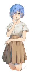  1girl absurdres alternate_costume asymmetrical_bangs blue_hair blush breasts brown_skirt casual cellphone commentary cowboy_shot cropped_legs grayfox hair_ornament hair_over_one_eye hand_up high-waist_skirt highres holding holding_phone looking_at_viewer medium_breasts miniskirt open_mouth phone pleated_skirt re:zero_kara_hajimeru_isekai_seikatsu rem_(re:zero) shirt short_hair short_sleeves simple_background skirt smartphone smile solo t-shirt white_background white_shirt x_hair_ornament 