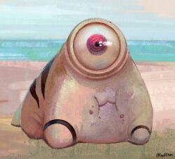  animalization beach creature creature_focus crumbs cyclops full_body highres jujutsu_kaisen knullkhan one-eyed outdoors plump red_eyes ryoumen_sukuna_(jujutsu_kaisen) solo twitter_username 