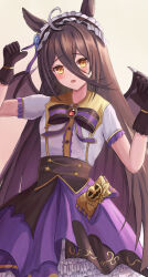  1girl ahoge alternate_costume animal_ears bat_wings black_gloves black_hair black_hairband blue_flower blue_rose blush bow breasts commentary_request cosplay flower frilled_hairband frills gloves hair_between_eyes hairband halloween halloween_costume highres horse_ears horse_girl long_bangs long_hair long_hair_between_eyes looking_at_viewer manhattan_cafe_(umamusume) multicolored_hair open_mouth purple_skirt purple_wings rice_shower_(umamusume) rice_shower_(umamusume)_(cosplay) rice_shower_(vampire_makeover!)_(umamusume) rose shirt short_sleeves simple_background skirt small_breasts solo thurumu umamusume very_long_hair white_hair white_shirt wings yellow_eyes 